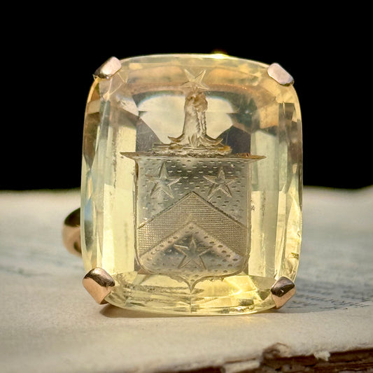 Substantial Vintage Citrine Heraldic Intaglio Ring