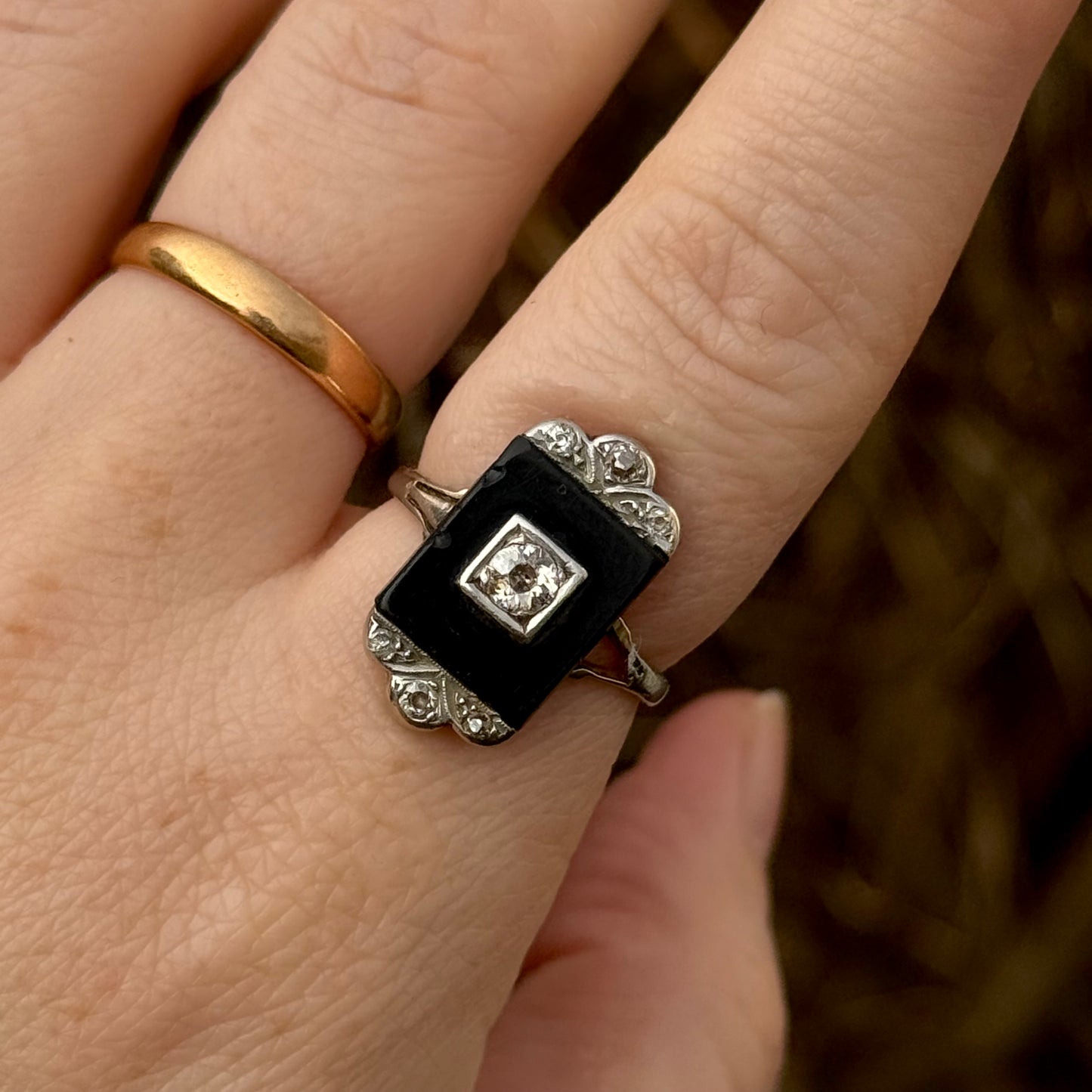 Antique Art Deco Onyx & Diamond Ring; Circa 1920