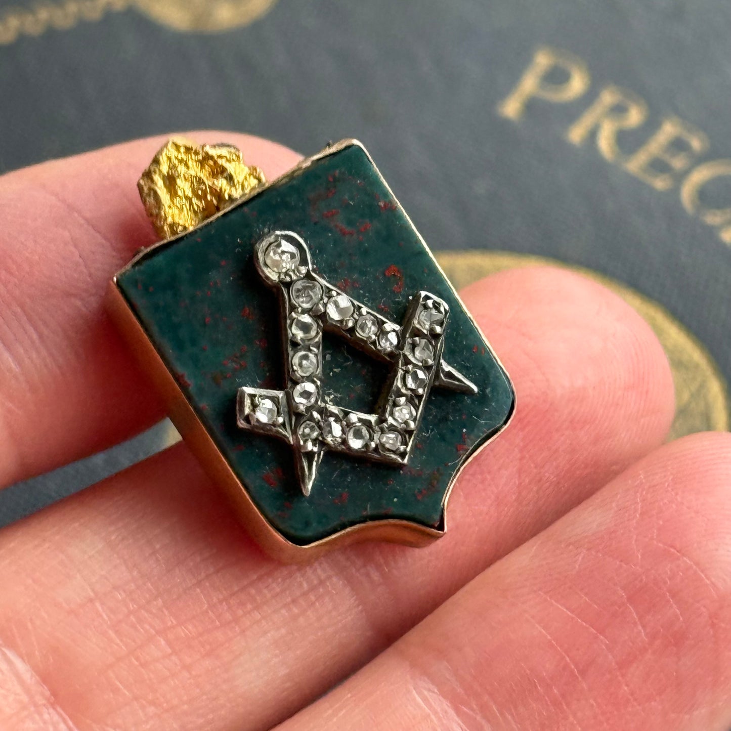 Antique Victorian Diamond & Bloodstone Shield Component; Circa 1880