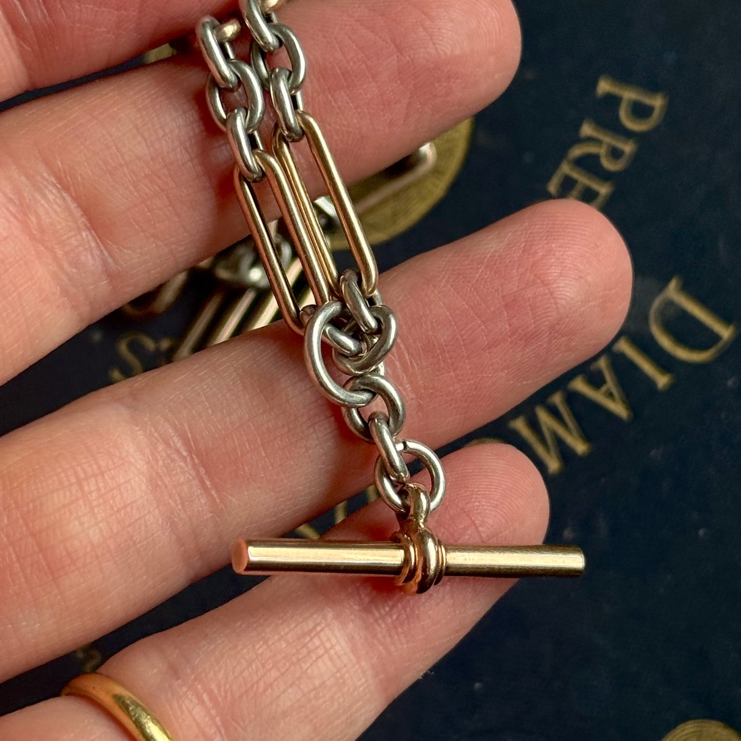 Antique Trombone Rose Gold & Silver Albert Chain; Circa 1880