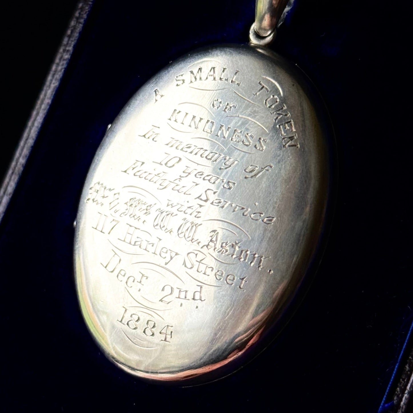 Victorian Engraved Presentation Locket Boxed; Circa 1884