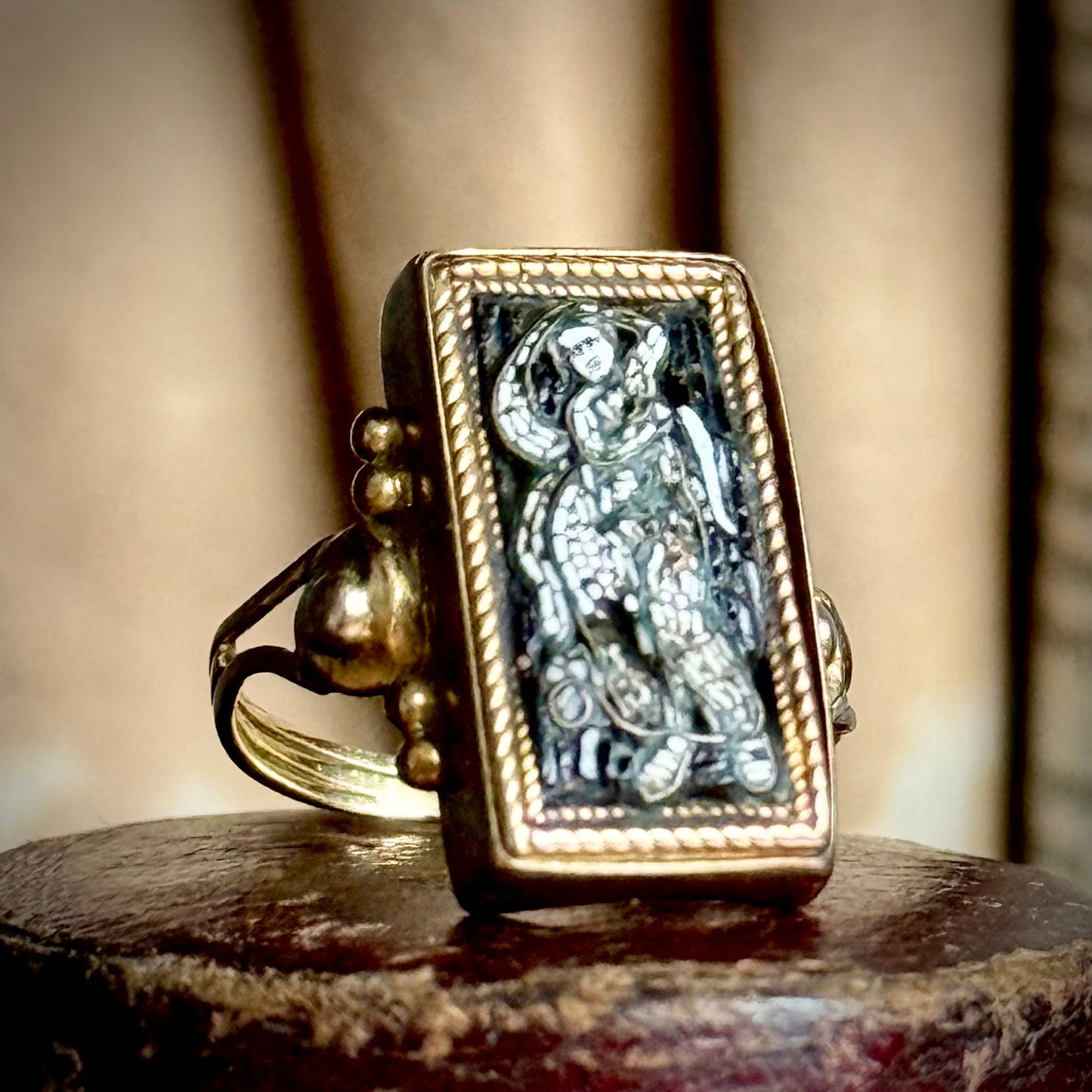 Victorian Micro Mosaic Panel Ring in 9 Carat Gold; 1850