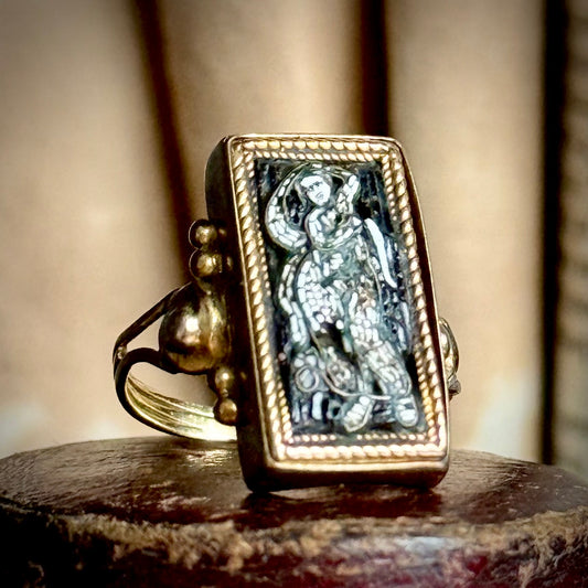 Victorian Micro Mosaic Panel Ring in 9 Carat Gold; 1850