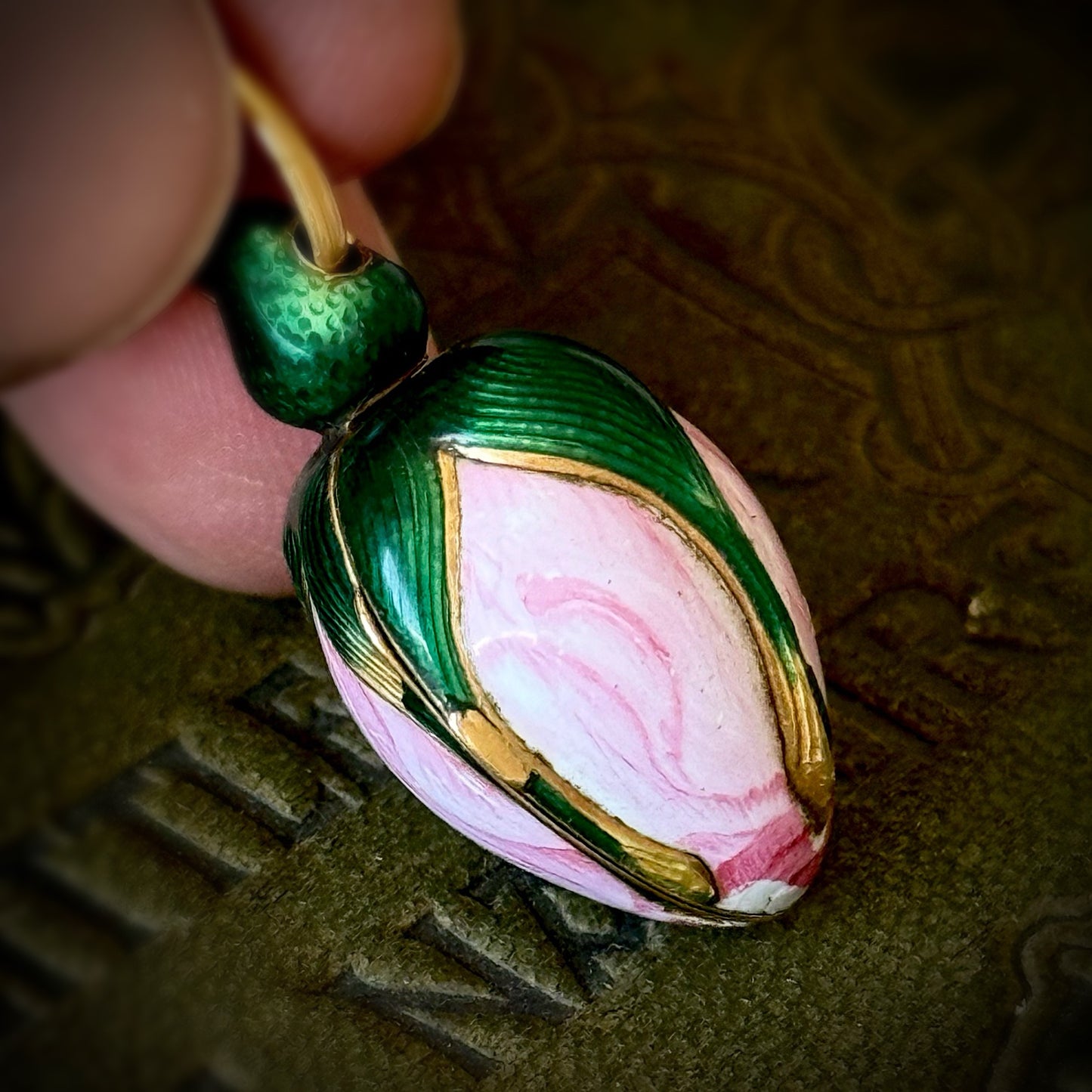 Antique French Victorian Rosebud Locket Enamel Pendant; Circa 1853