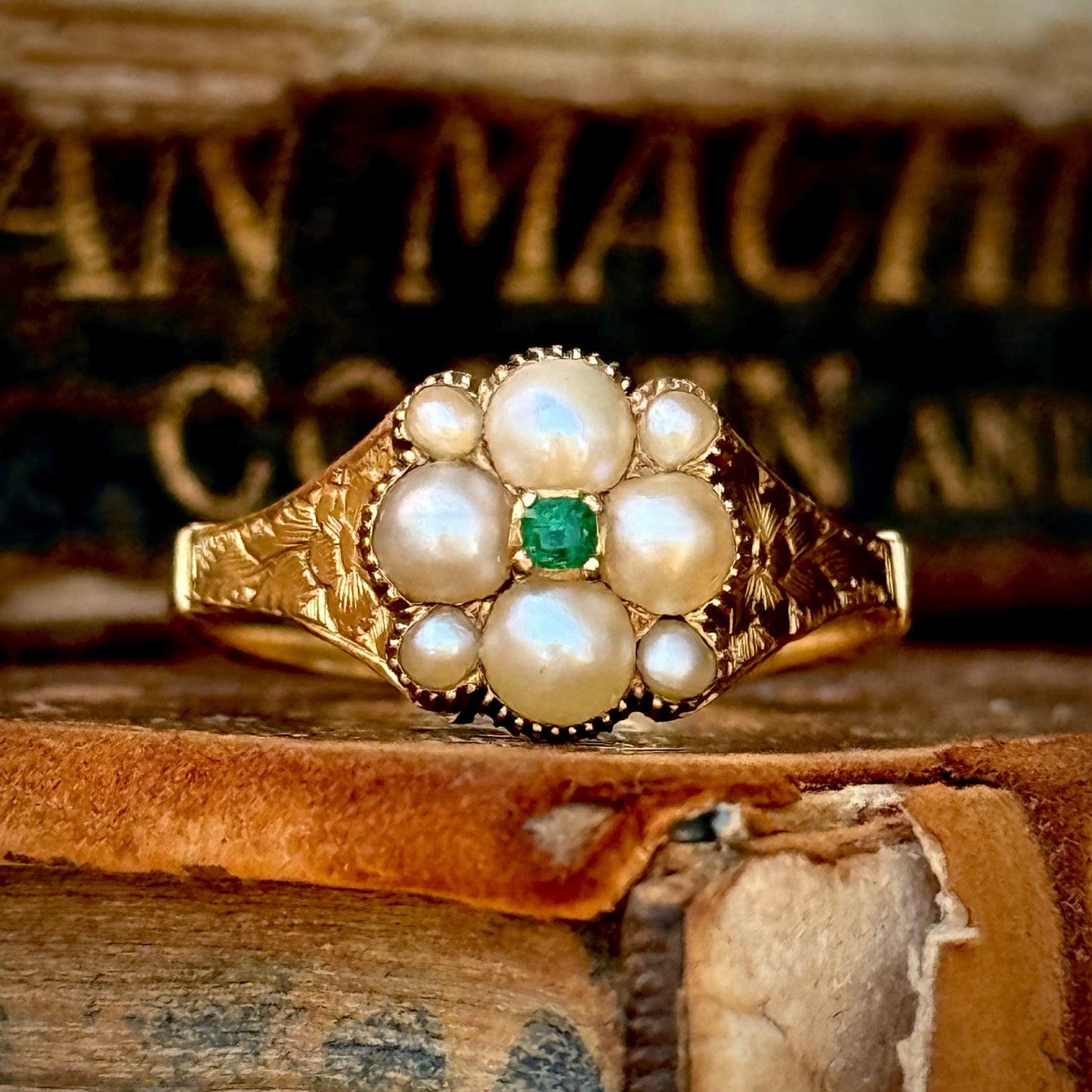 Georgian Emerald & Pearl Floral Ring in 18 Carat Gold