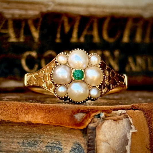 Georgian Emerald & Pearl Floral Ring in 18 Carat Gold