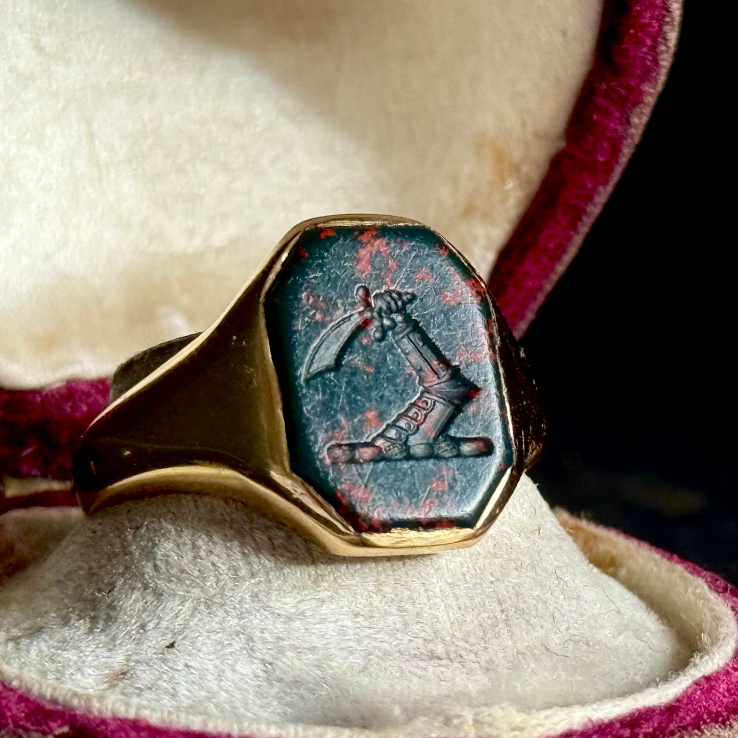 Antique Bloodstone Heraldic Signet Ring in 18 Carat Gold; Circa 1890
