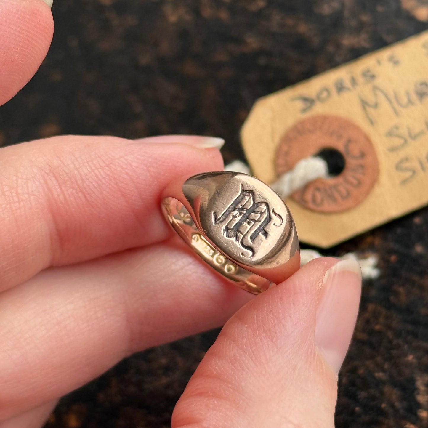 Antique Monogram 'M' Signet Ring in 9 Carat Rose Gold; Circa 1919