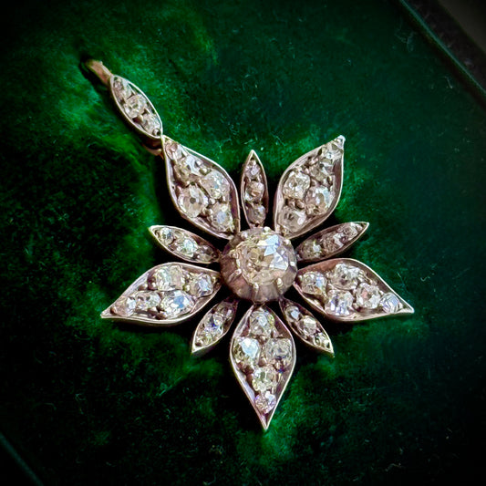 Antique Victorian Diamond Flowerhead Brooch Pendant in Original Box