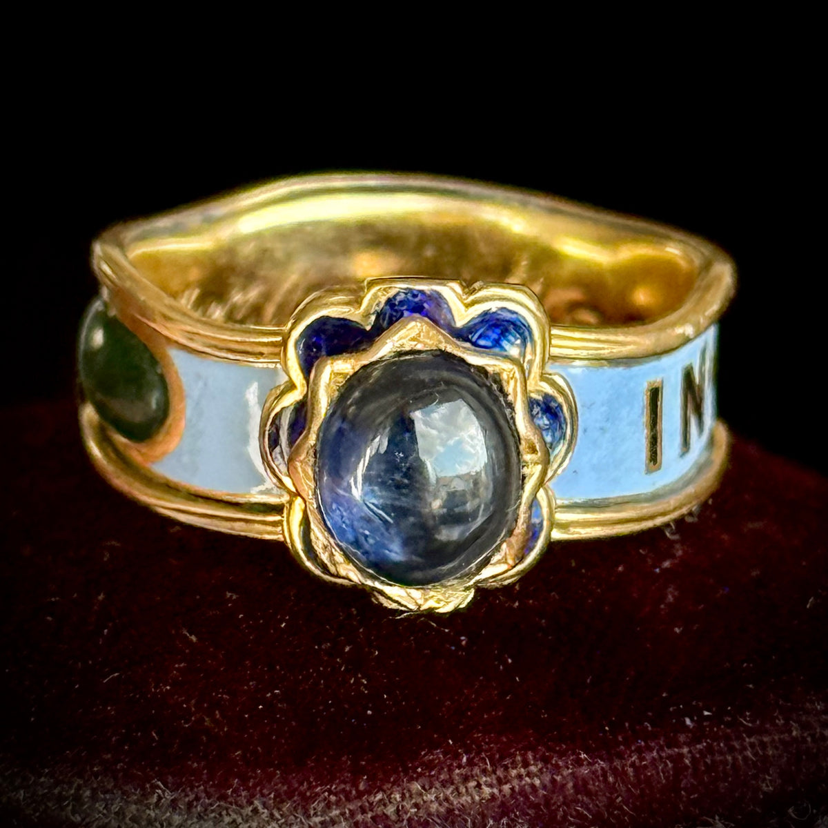 Victorian Sapphire Mourning Ring in 18 Carat Gold; circa 1852