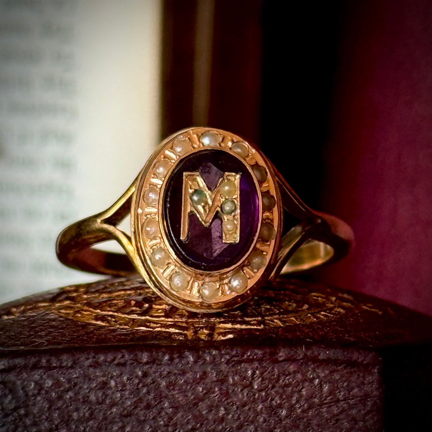 Antique Purple Paste & Pearl Initial 'M' Ring in 9 Carat Gold