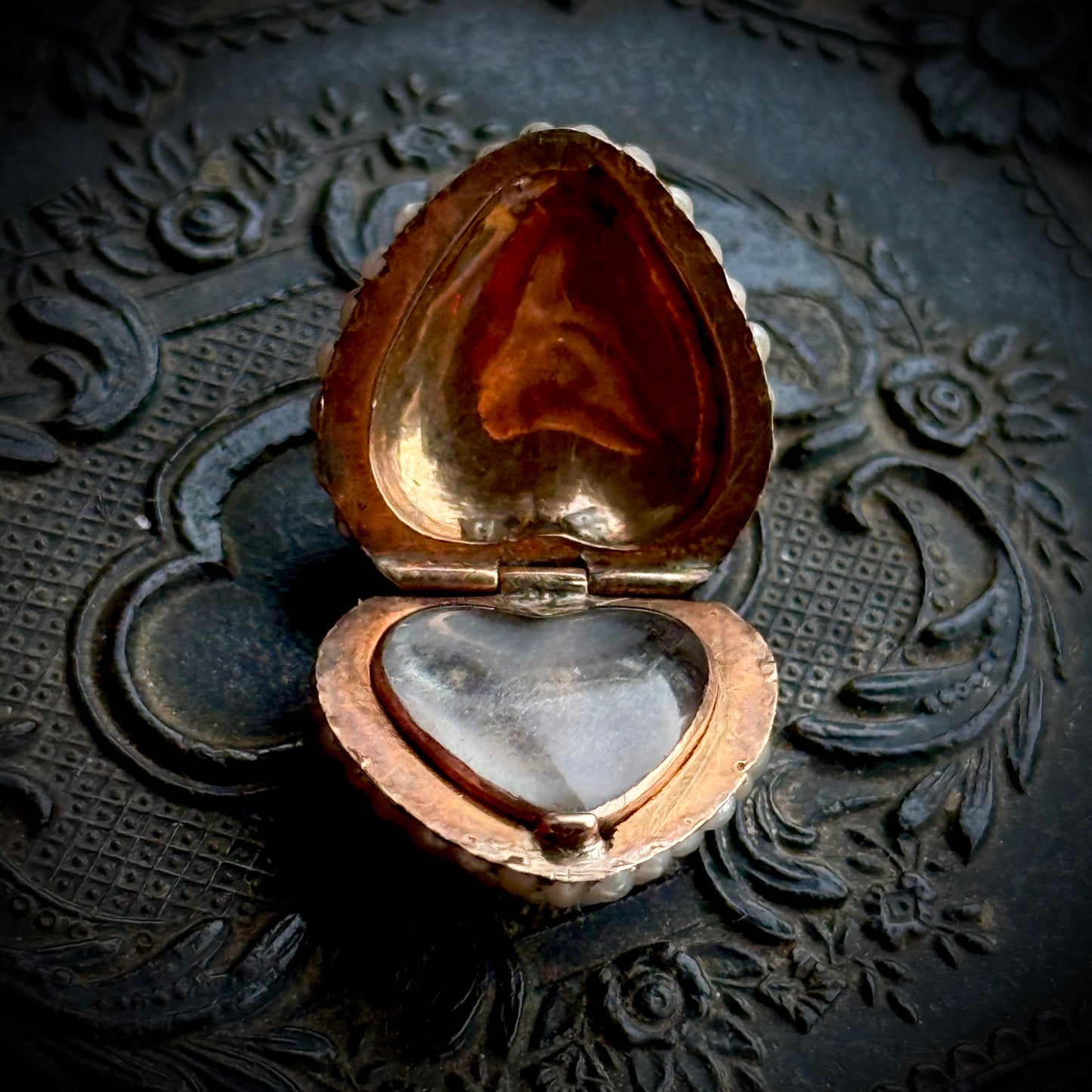 Georgian Seed Pearl & Ruby Heart Locket Pendant in 15 Carat Gold; Circa 1800