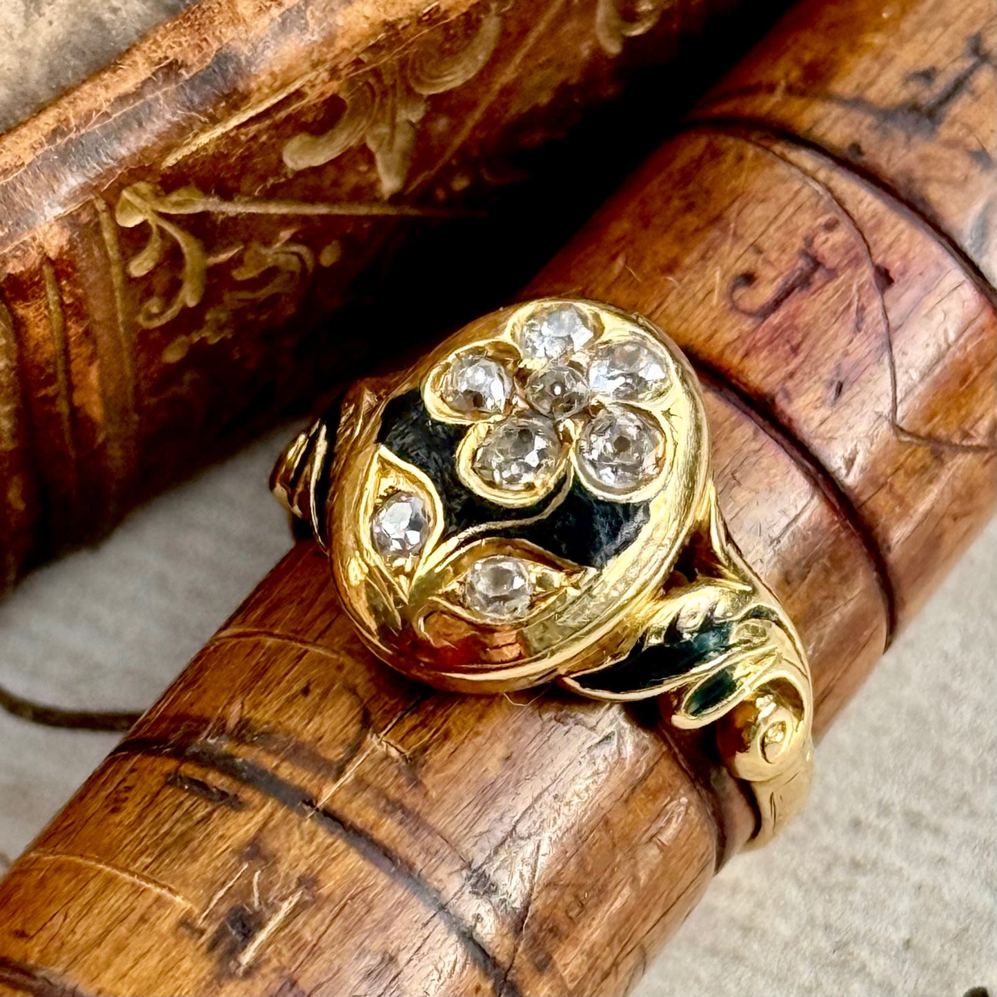 Antique Victorian Diamond Mourning Ring in 18 Carat Gold; Circa 1863