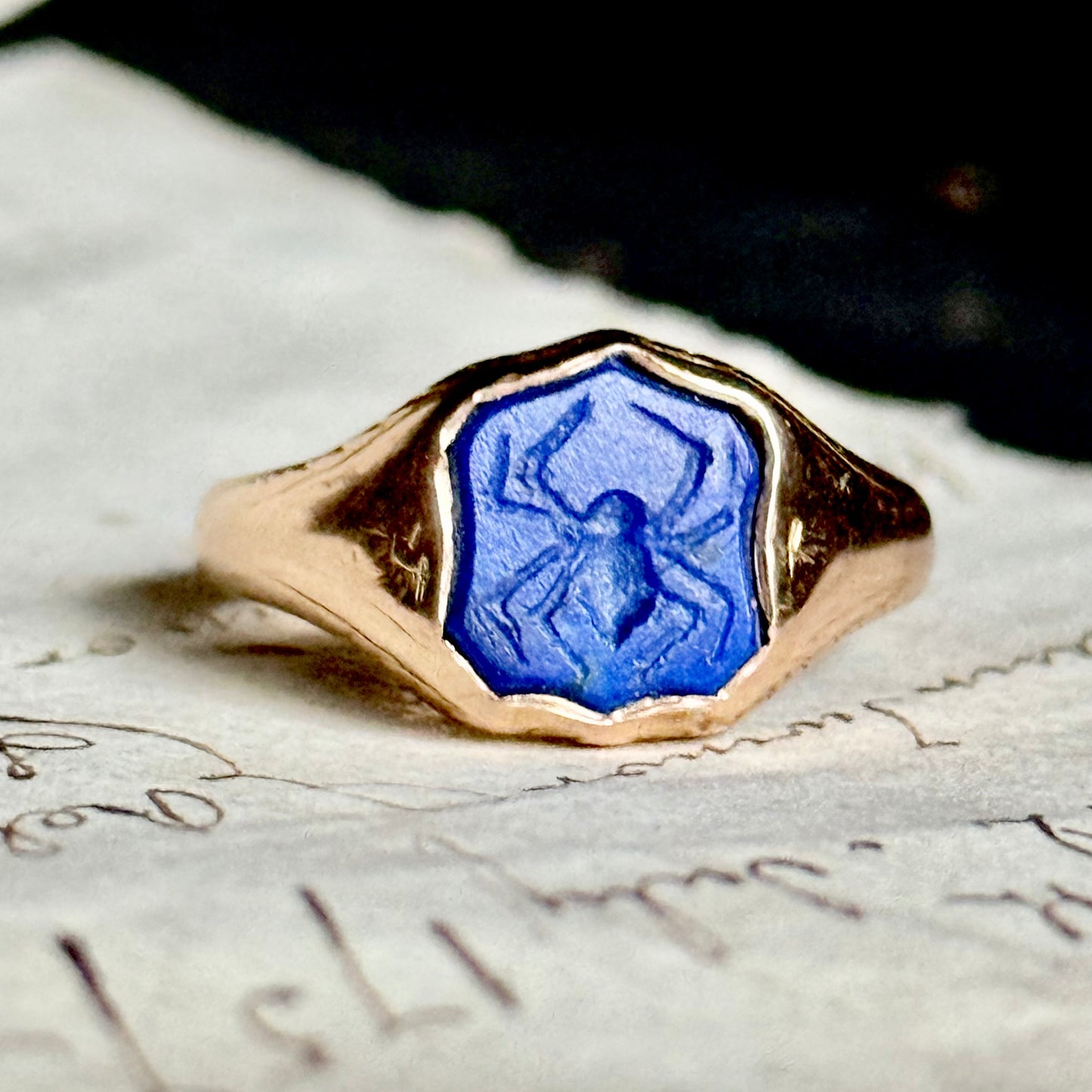 Spider Carved Lapis Lazuli Ring in 15 Carat Gold