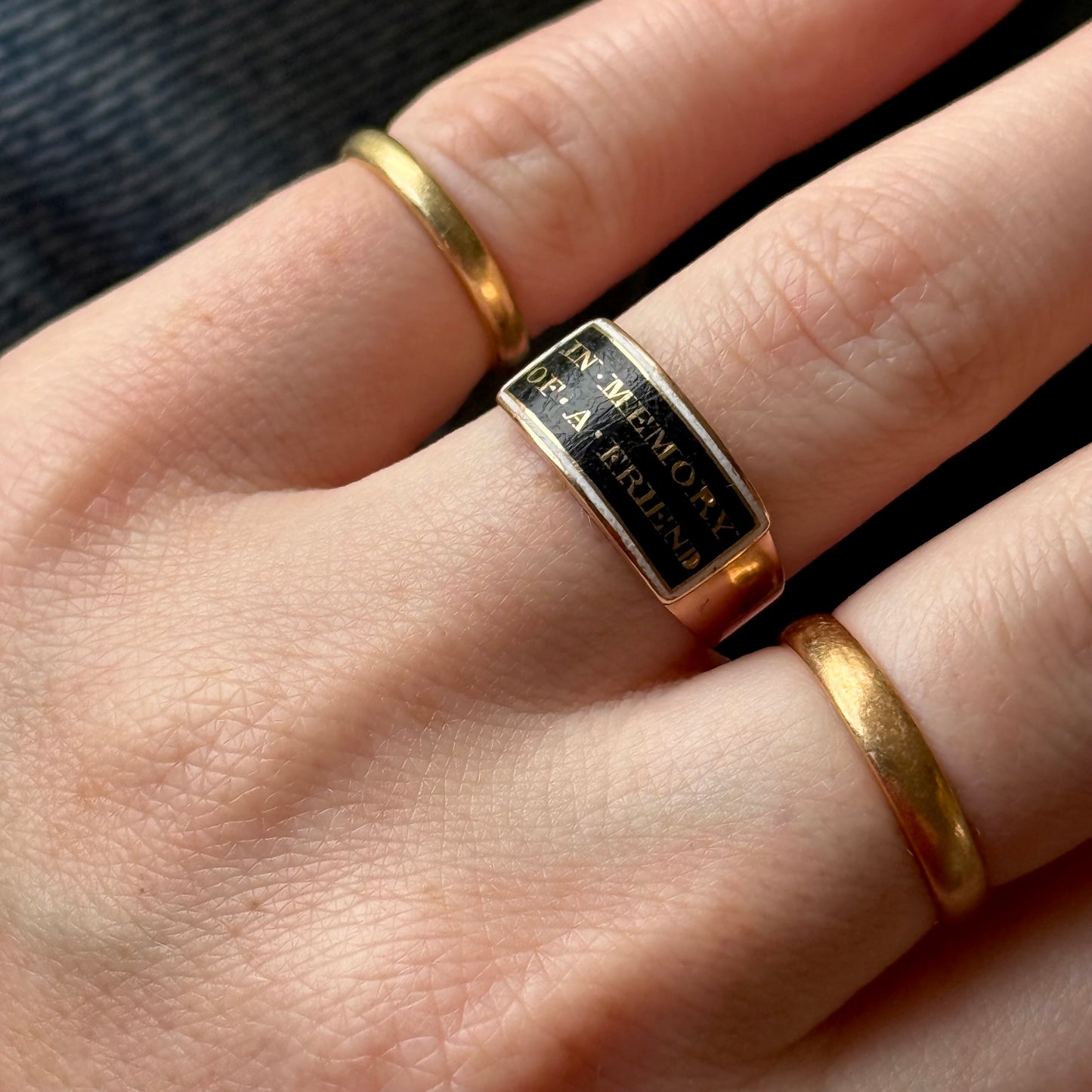 Antique Victorian 'In Memory of a Friend' Mourning Ring in 9 Carat Gold; Circa 1860