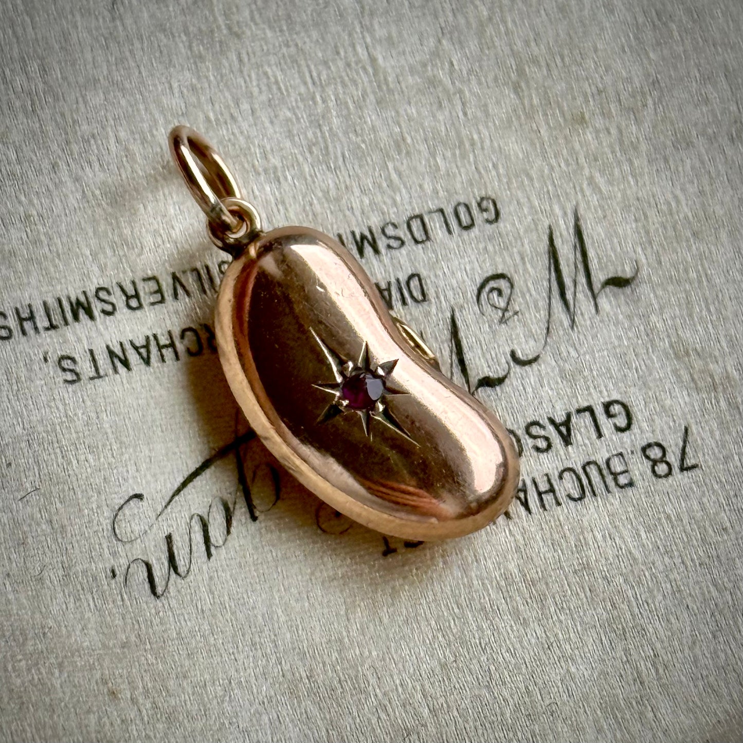 Victorian Lucky Ruby Kidney Bean Pendant 9 Carat Gold; Circa 1860