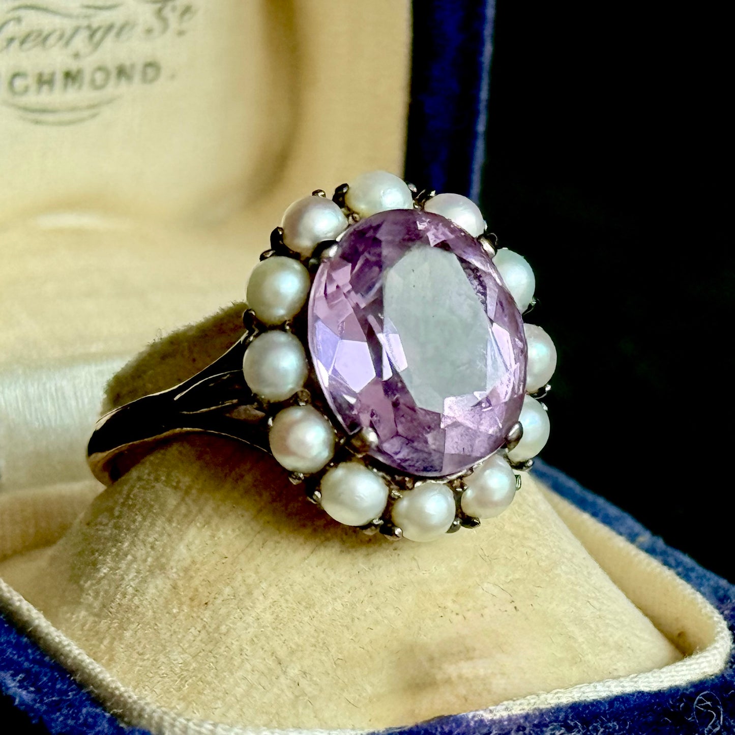 Vintage Amethyst & Pearl Cluster Ring in 9 Carat Gold