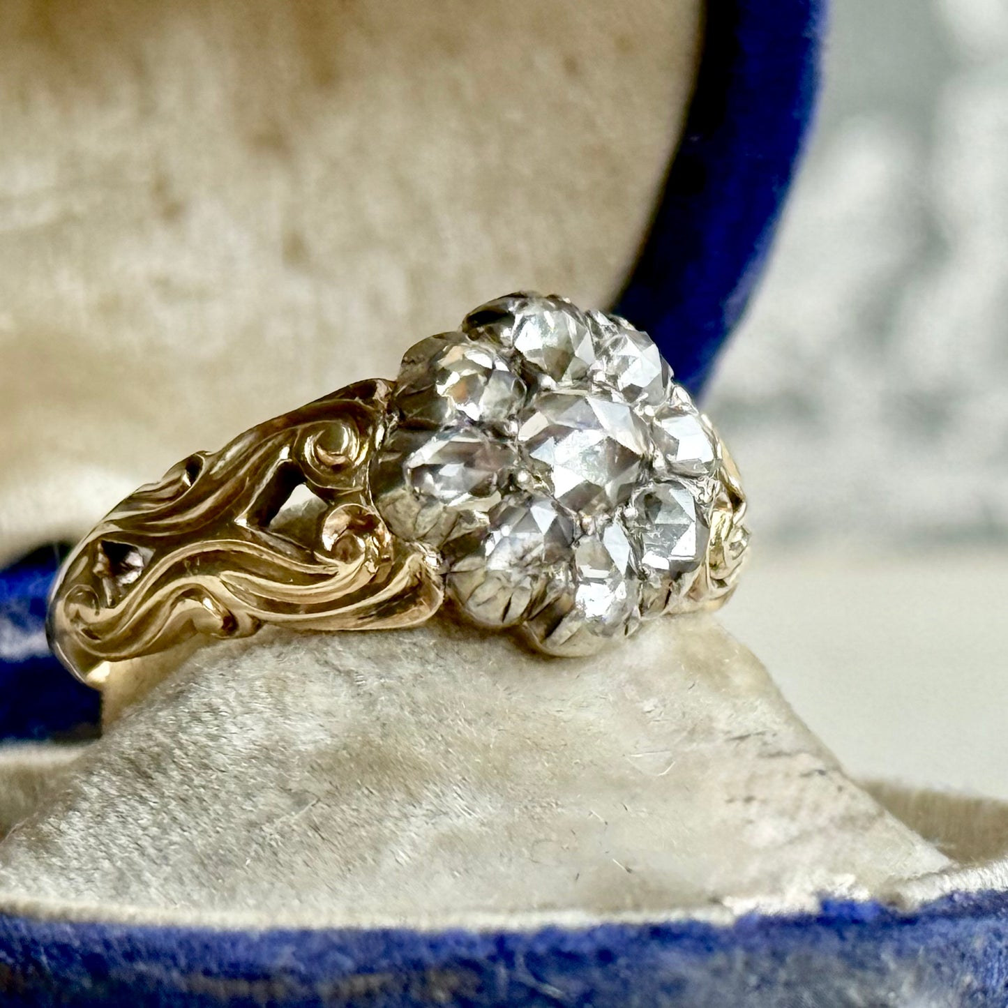 Victorian Rose Cut Diamond Cluster Ring in 15 Carat Gold, Circa 1860