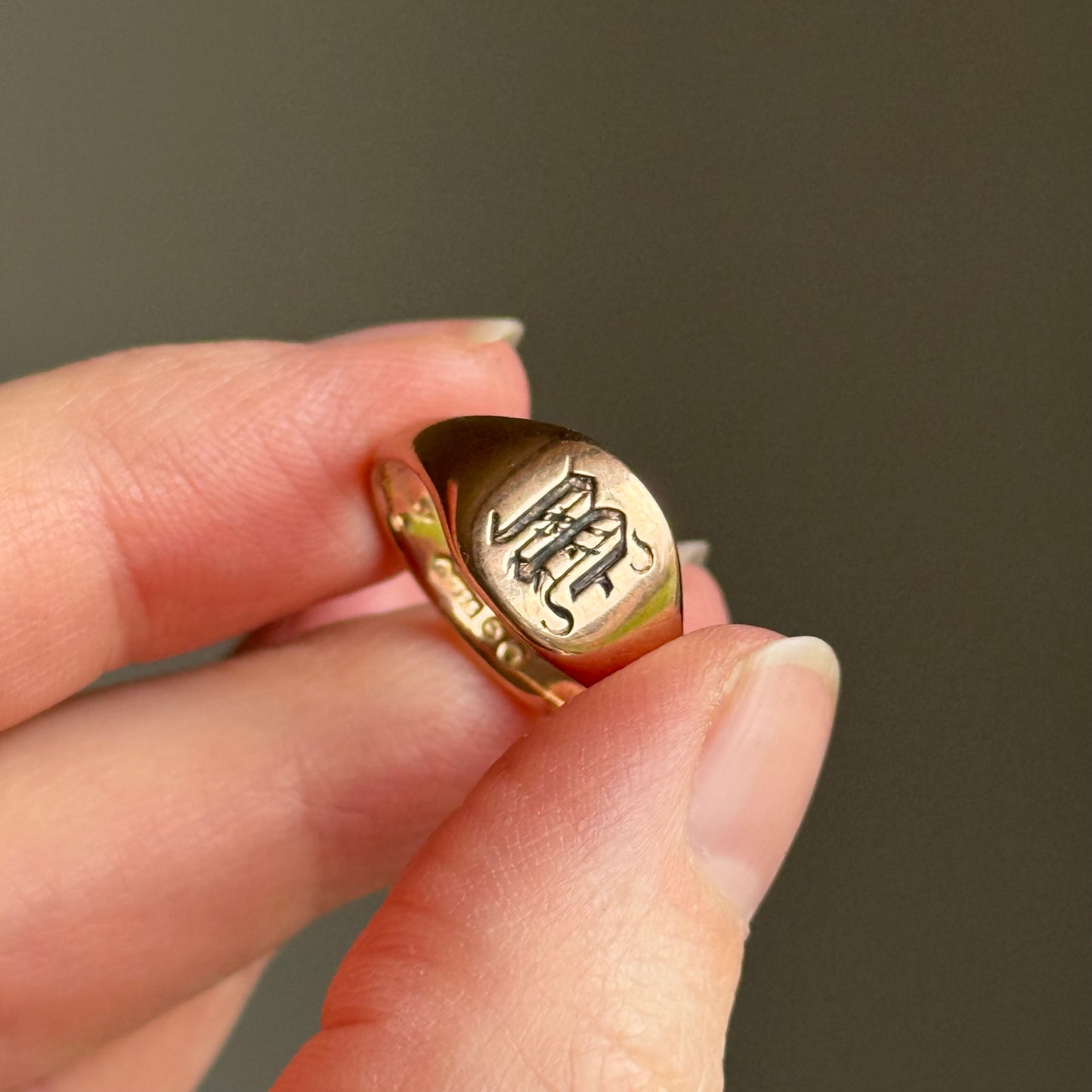 Antique Monogram 'M' Signet Ring in 9 Carat Rose Gold; Circa 1919