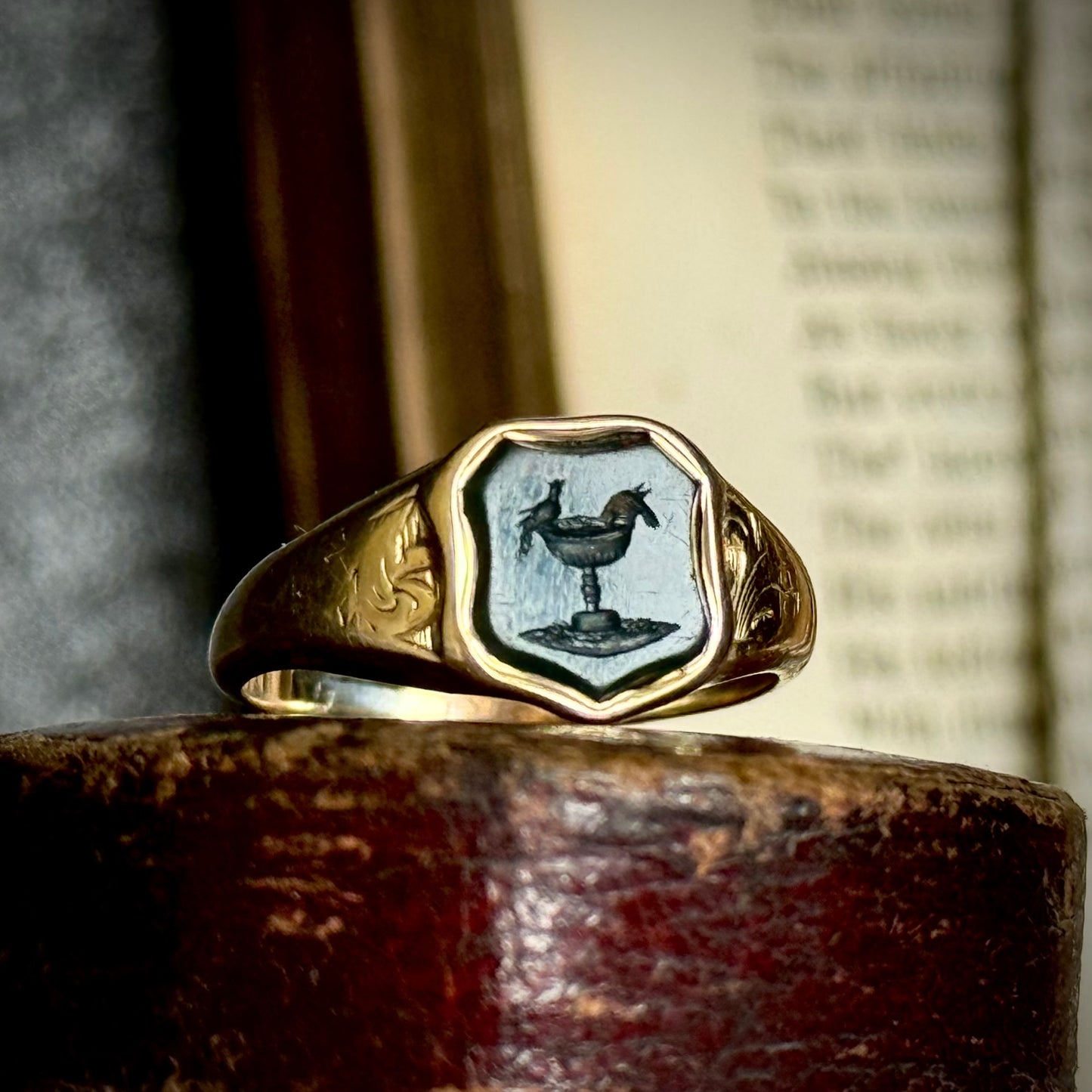Antique Love Bird Intaglio Signet Ring in 9 Carat Gold; Circa 1860