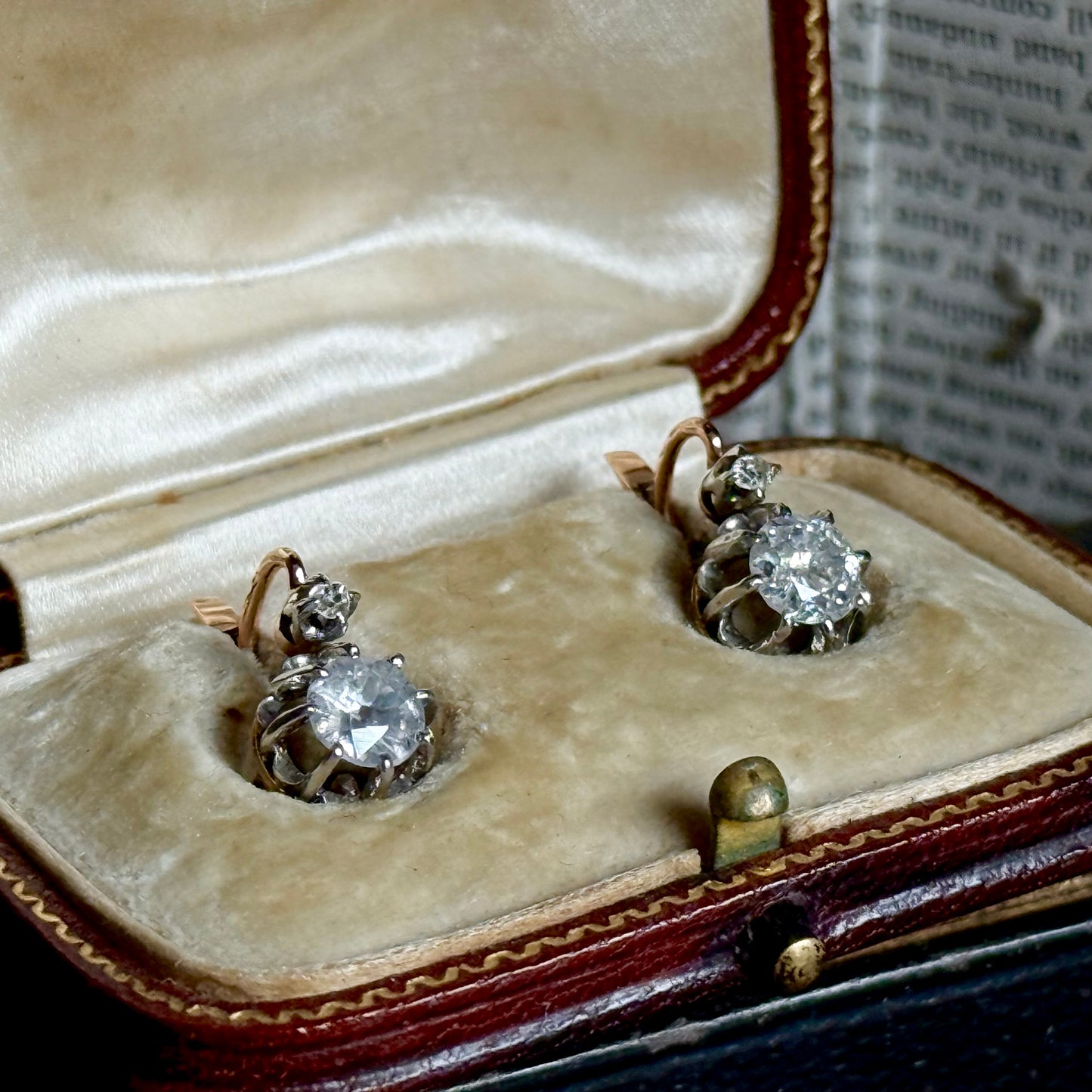 Antique French Diamond Earrings in 18 Carat Gold with Original Box