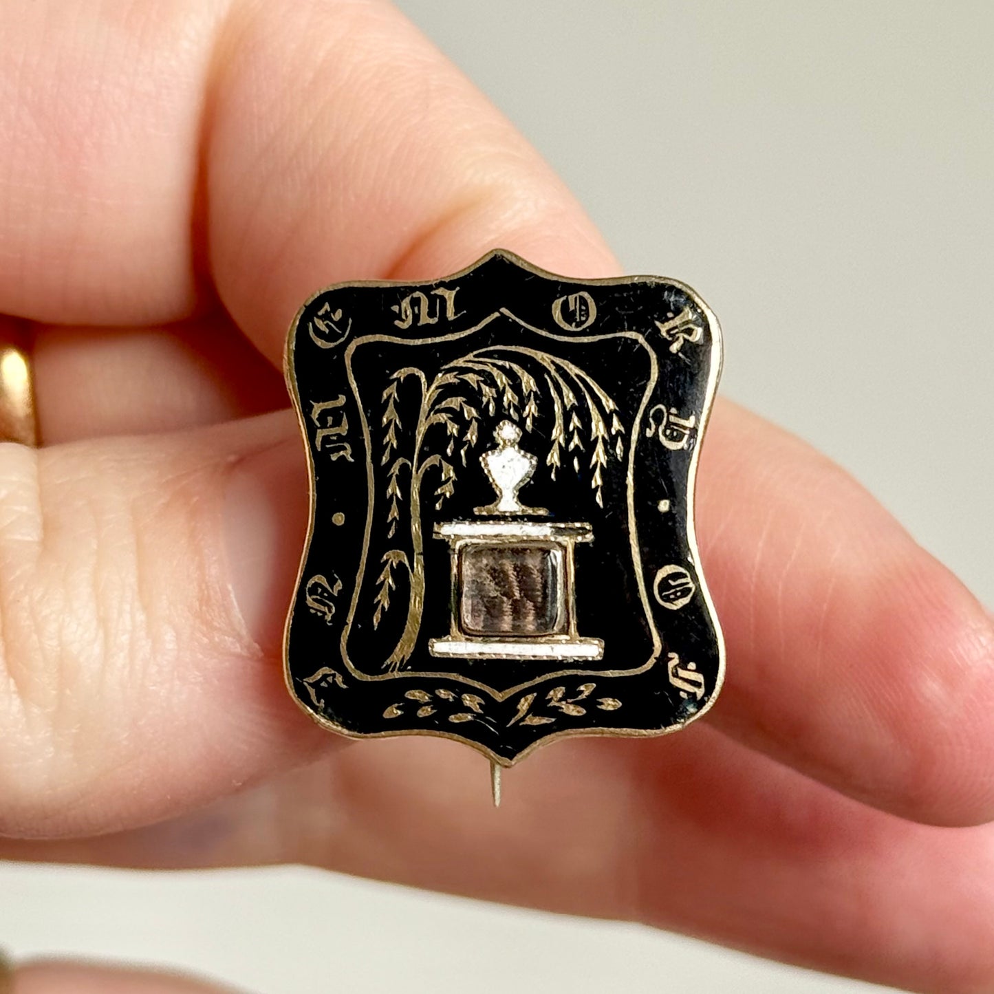 Victorian Enamel Mourning Brooch with Hair Locket; Circa 1850