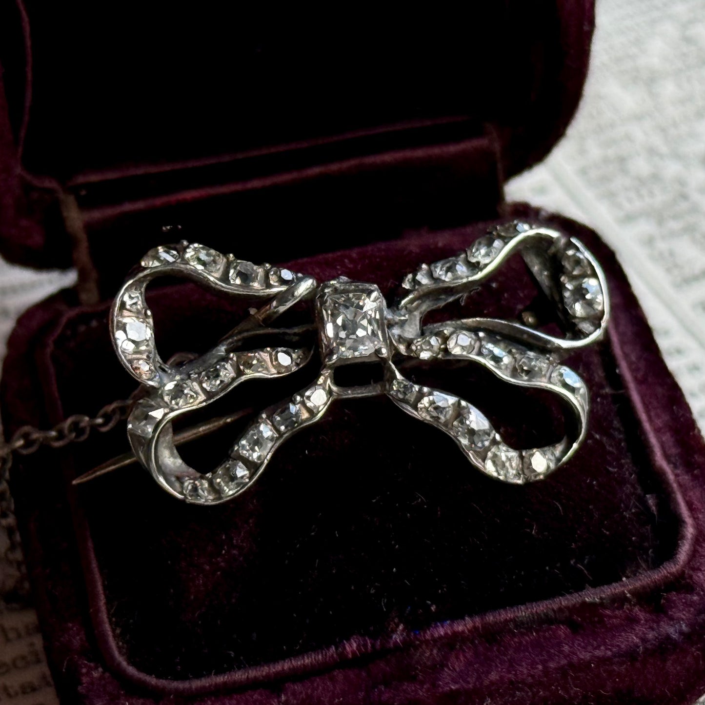 Mid Victorian Diamond Bow Brooch in Silver and Gold; Circa 1860