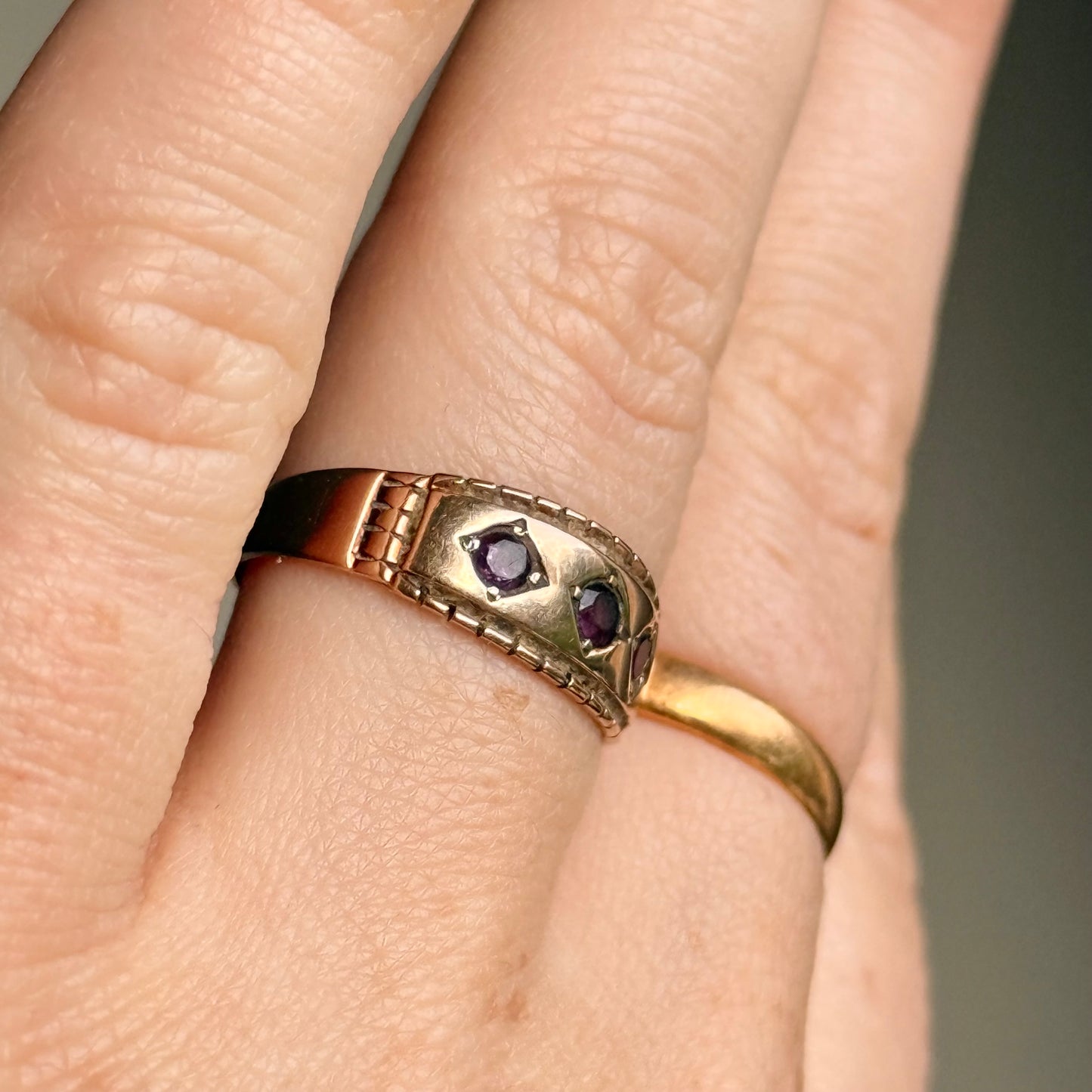Victorian Amethyst Trilogy Ring in 9 Carat Gold; Circa 1896
