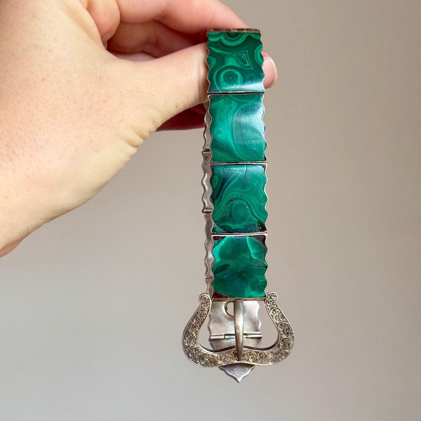 Antique Silver and Malachite Buckle Bracelet