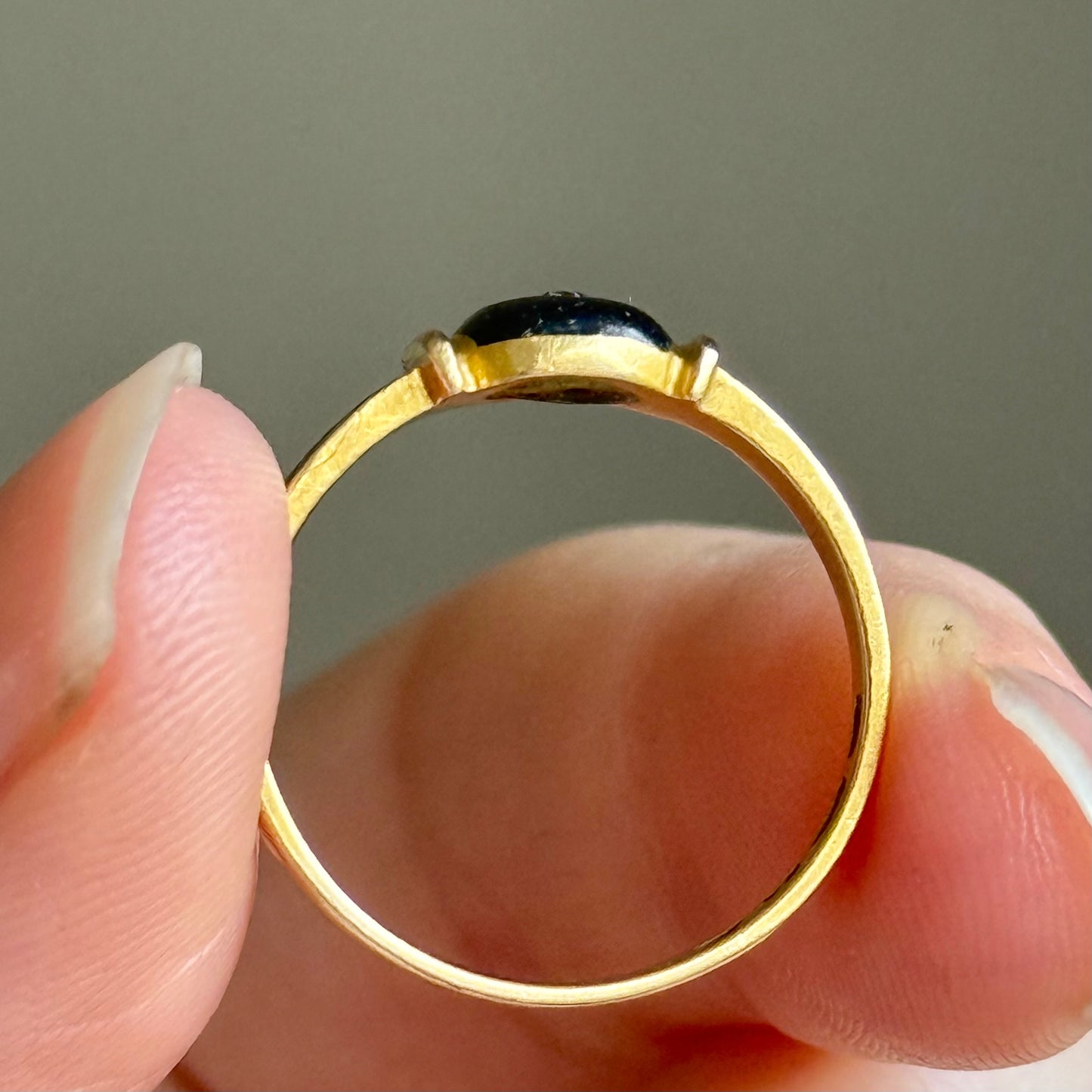 Antique Victorian Diamond Enamel Mourning Ring in 18 Carat Gold; Circa 1894