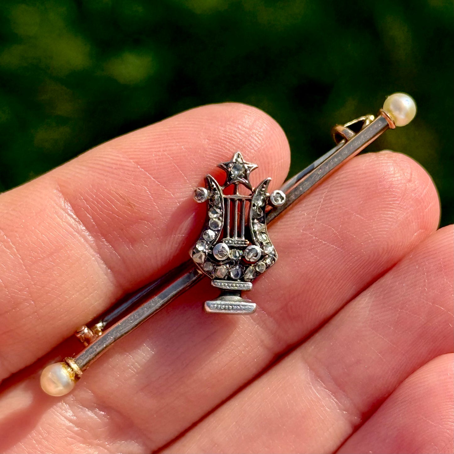 Antique Victorian Diamond & Pearl Lyre Brooch