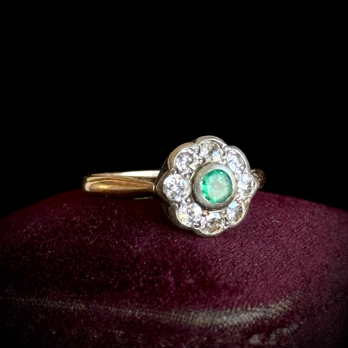 Antique Emerald & Diamond Cluster Ring; Circa 1895