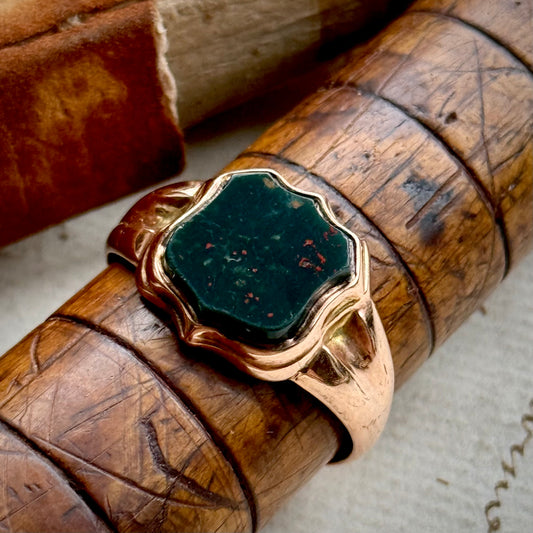 Antique Edwardian Bloodstone Signet Ring in 9 Carat Rose Gold; Circa 1904