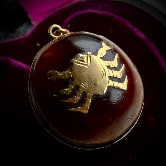 Victorian Sea Bean Pendant with Zodiac Crab Design