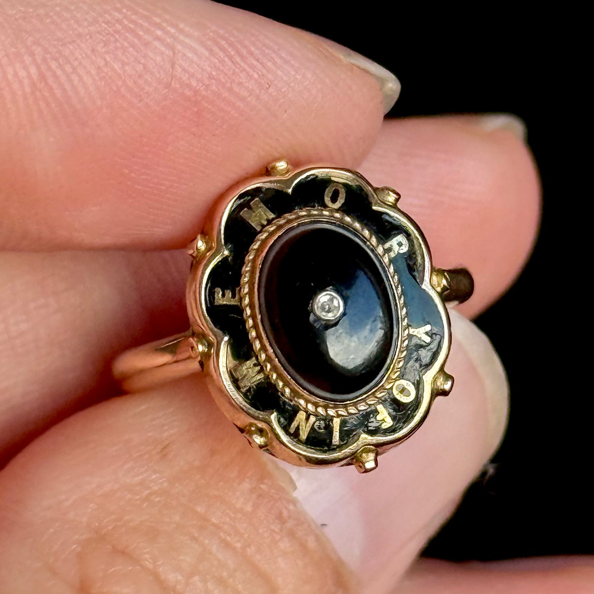 Antique Diamond Bulls Eye Mourning Ring 9 Carat gold; Circa 1860