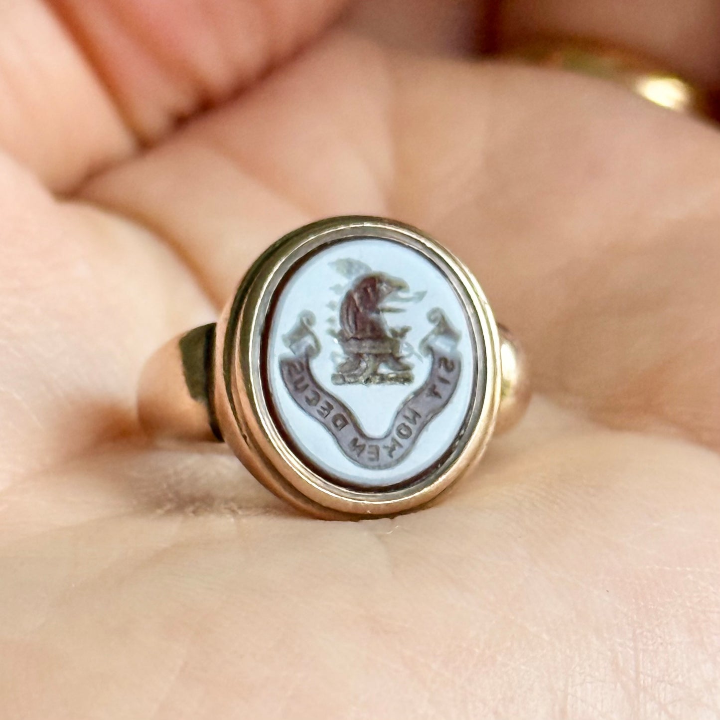 Antique Victorian Sardonyx Signet Ring in 9 Carat Rose Gold; Circa 1897