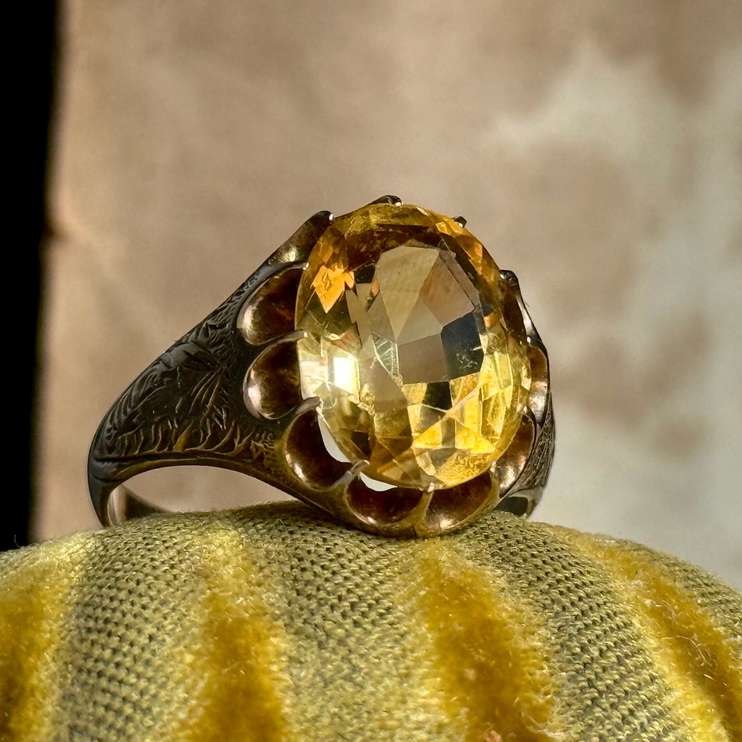 Victorian Citrine Engraved Ring in 9 Carat Gold ; Circa 1900