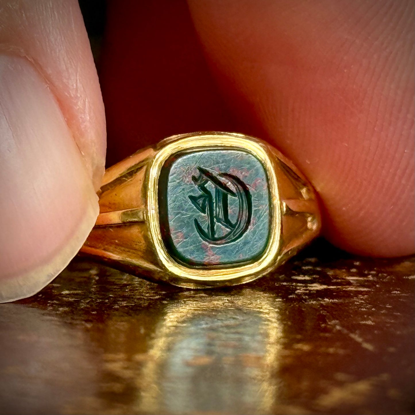 Antique Bloodstone 'E' Signet Ring in 18 Carat Gold