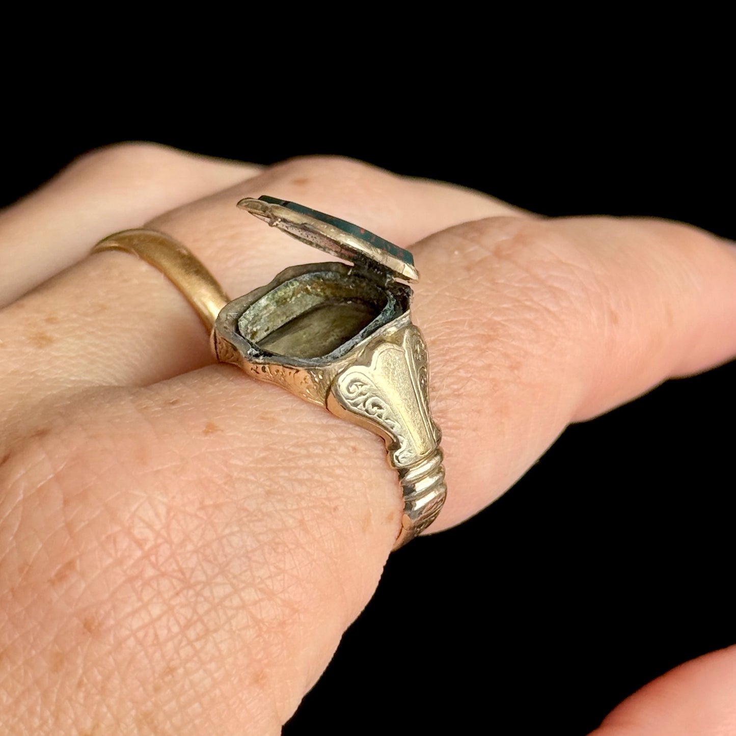 Victorian Bloodstone Locket Signet Ring; Circa 1870