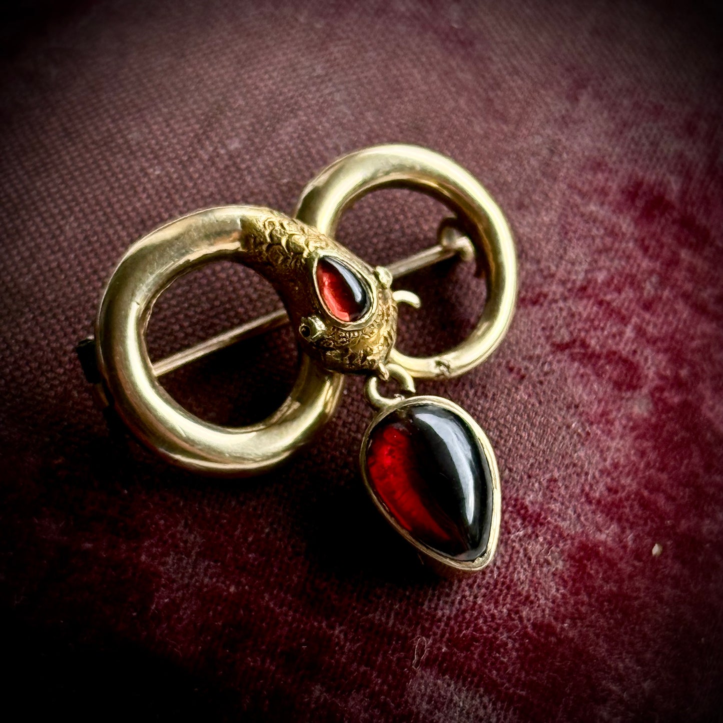 Antique Victorian Garnet Snake Mourning Brooch; Circa 1860