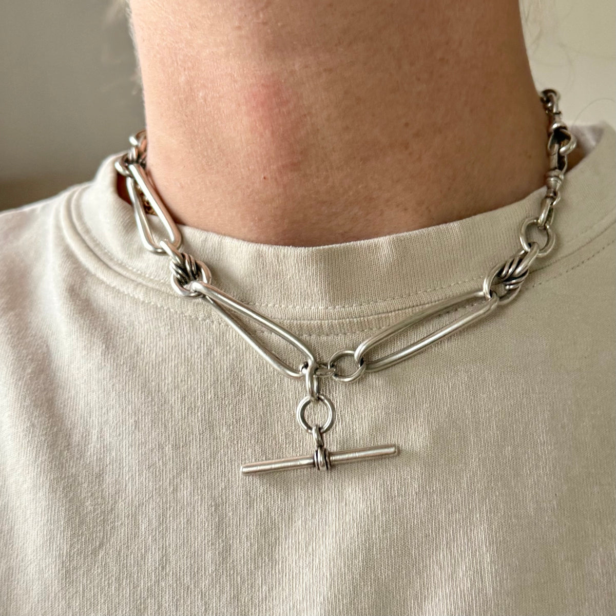 Victorian Heavy Trombone & Lover's Knot Chain in Silver; circa 1893