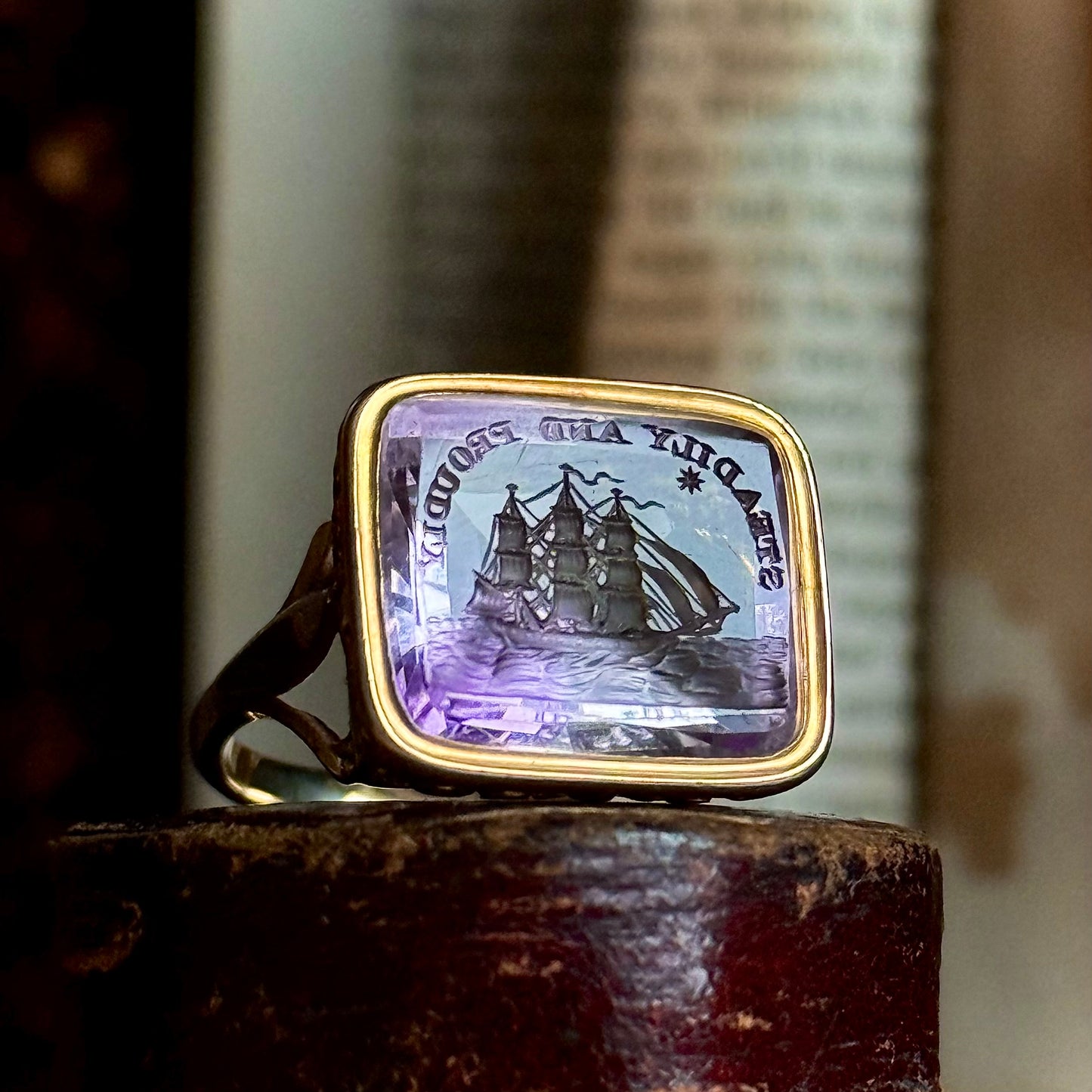 Georgian Amethyst Intaglio ‘Steadily and Proudly’ Conversion Ring,  Circa 18th Century