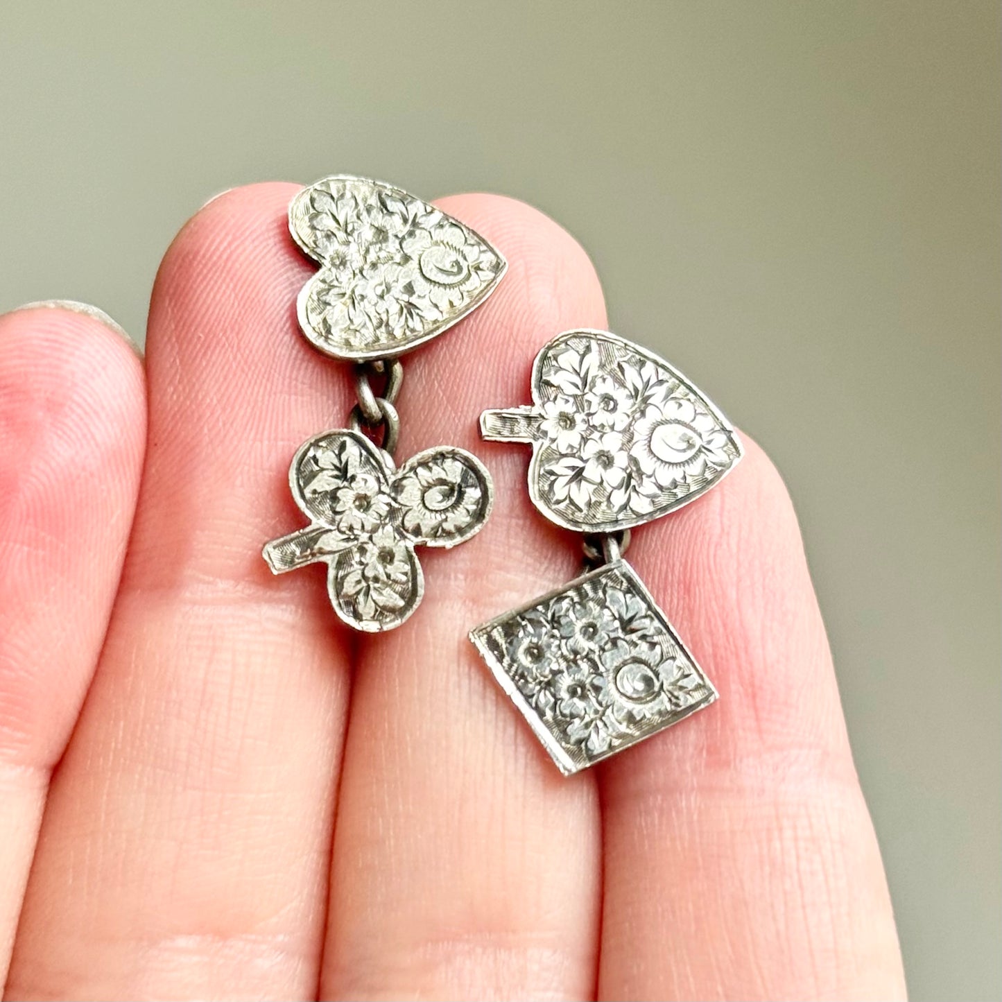 Victorian Silver Playing Card Suit Cufflinks; Circa 1898