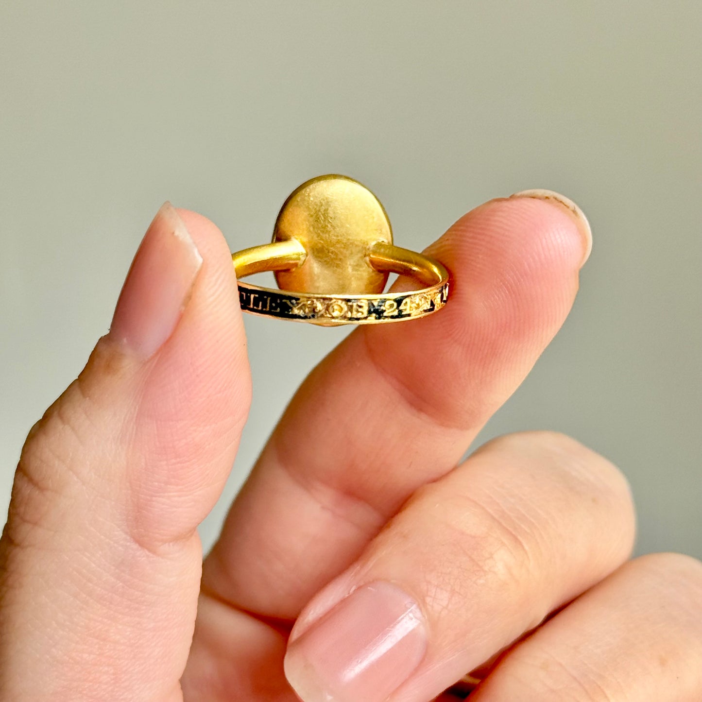 Georgian Enamel & Hair Mourning Ring in 15 Carat Gold; Circa 1781