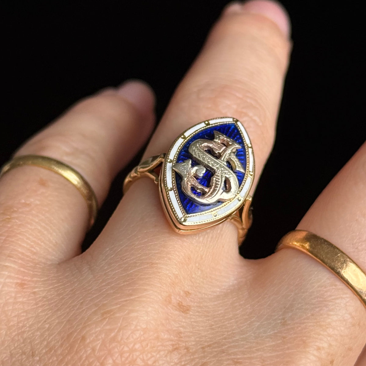 Antique Monogram Marquise Poison Ring in 18 Carat Gold; Circa 1900
