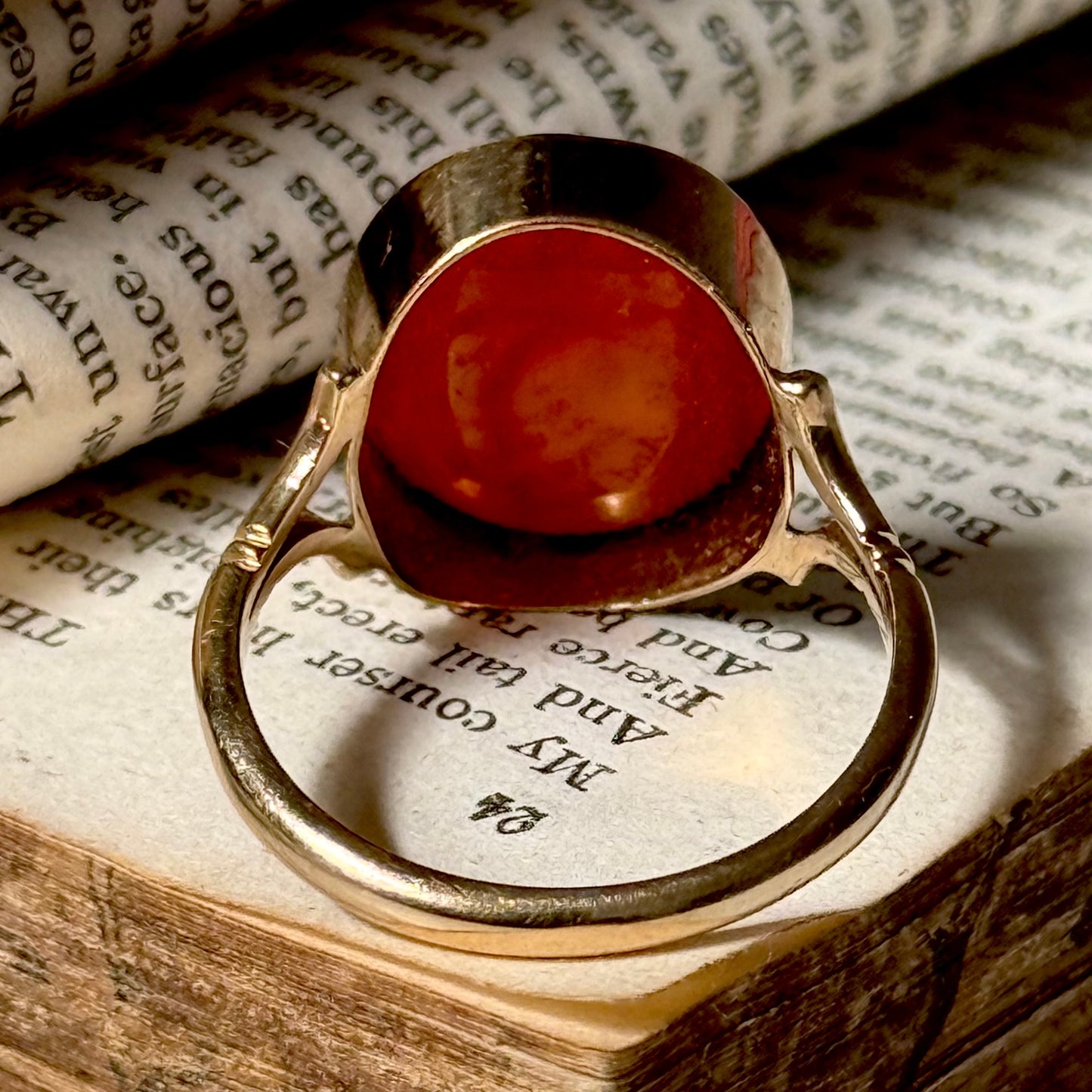 Vintage Ornate Carnelian Intaglio Ring in 9 Carat Gold; Circa 1989