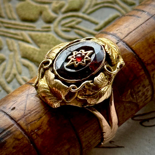 Antique Victorian Floral Garnet Ring in 9 Carat Gold; Circa 1880