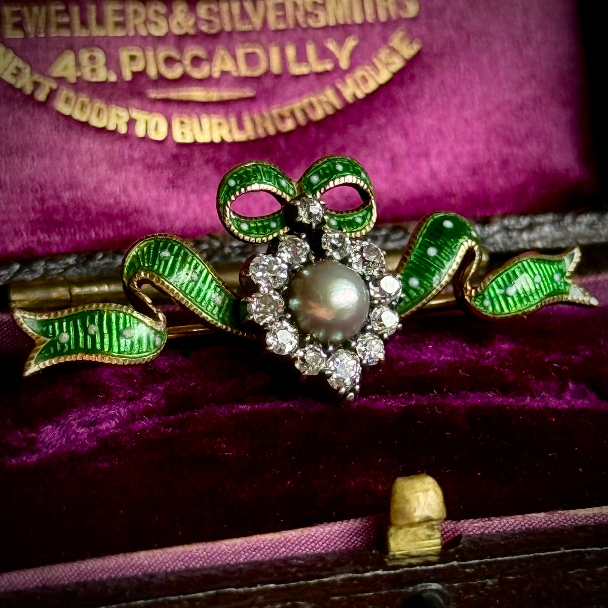 Victorian Boxed Enamel, Pearl & Diamond Brooch in 15 Carat Gold; Circa 1890