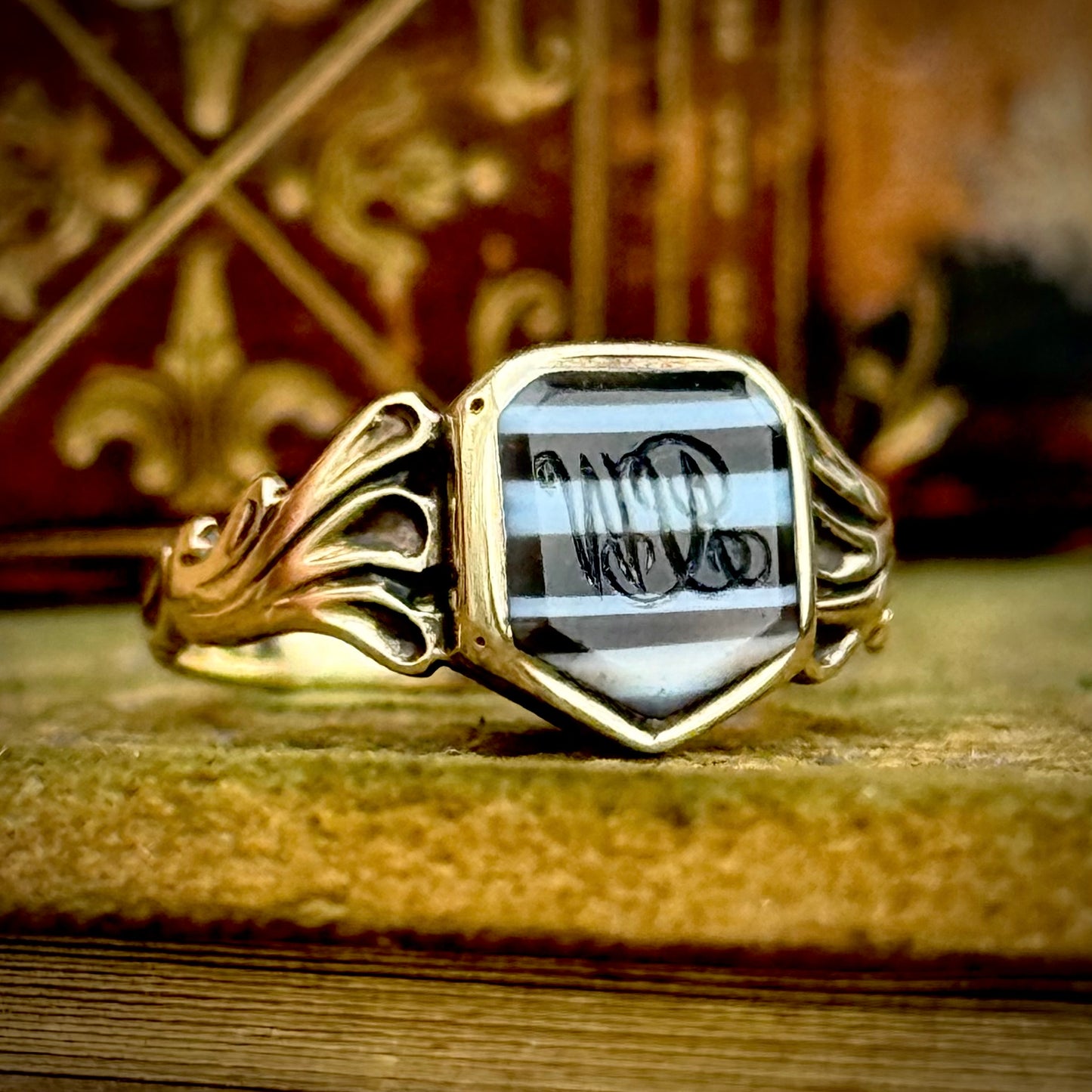 Antique Banded Agate Monogram Signet Ring