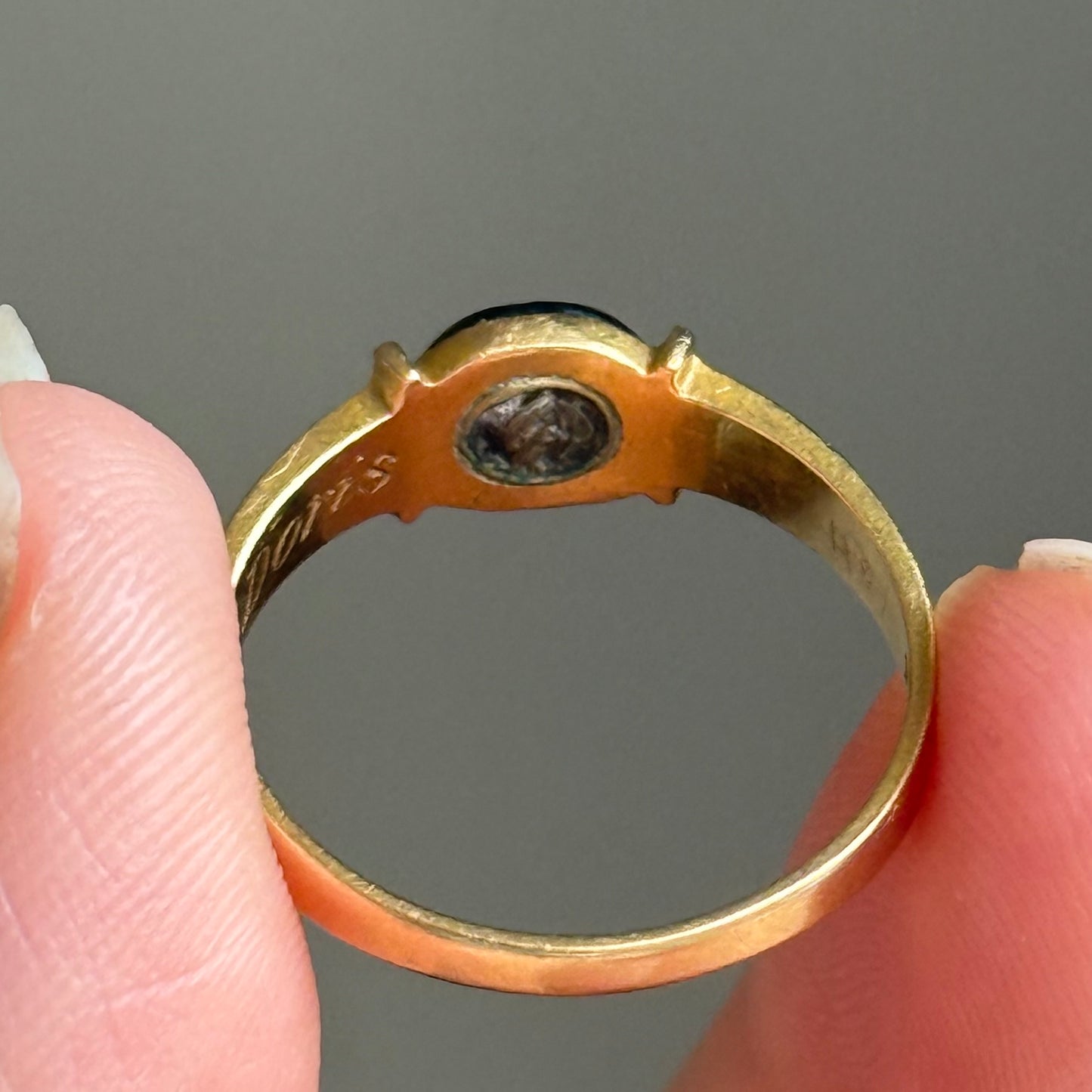 Antique Victorian Diamond Enamel Mourning Ring in 18 Carat Gold; Circa 1894